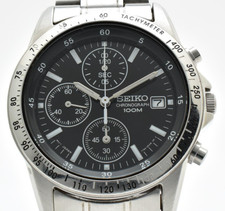 Vintage Exc 5 SEIKO 7T92-0DW0 Chronograph Black Dial Qz Men's watch JAPAN
