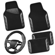 Leather Steering Wheel Cover and Waterproof Car Floor Carbon Fiber Black