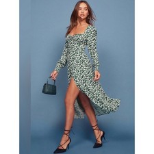 Reformation Wallflower Green Floral Long Sleeve Midi Dress High Slit Size 0
