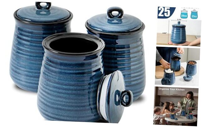 Ceramic Food Storage Jars Set of 3,25 FL OZ Kitchen Canisters with Blue-25 Oz