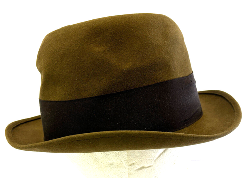 VTG Royal Stetson Fedora Fur Felt Hat Olive Green Ribbon Band Feather 7 1/8 - Picture 3 of 7