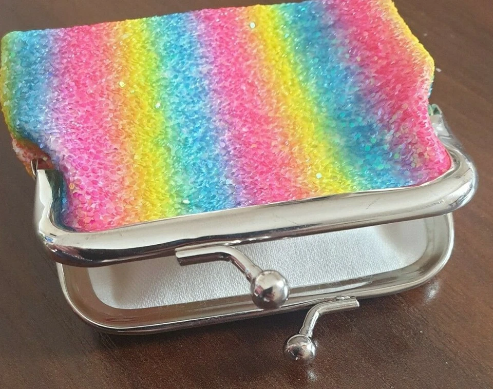 MOLLY&ROSE Coin Purse with Silver Clasp Children Girls Kids Rainbow Sequin Fabric 9x7cm UK