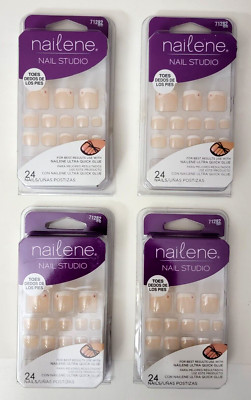 4 pk NAILENE Nail Studio 24 TOES NAILS per pack FRENCH TIP PEDICURE NO GLUE