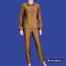 VTG PAULE VASSEUR 1960s Atomic Silk Taffeta Metallic Olive Green Pant Suit