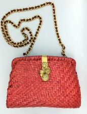 Ginnie Johansen Red Straw Purse Goldtone Shell clasp 1980's Clutch Shoulder Bag