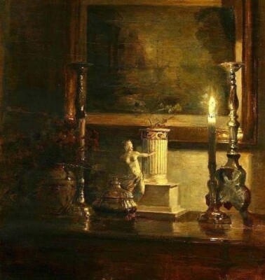 Oil Evening-interior-candle-illuminating-an-etching-on-wall-Carl-Vilhelm-Holsøe