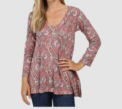 $177 Nally & Millie Women's Red Paisley V-Neck Long Sleeve Shirt Top Size XS