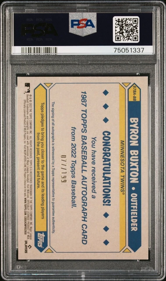 2022 Topps Series 2 BYRON BUXTON #87BA-BB 1987 Topps AUTO Black 77/199 PSA 9 - Image 2 of 2