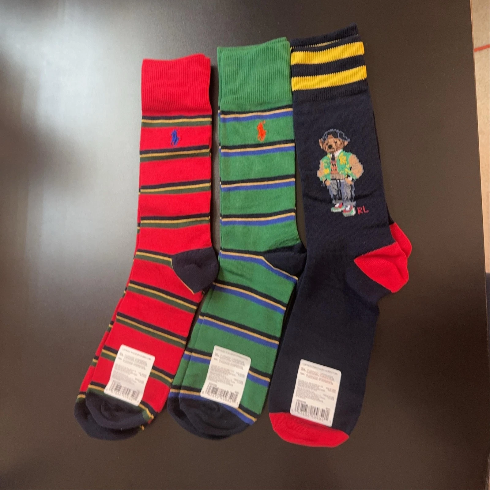 Polo Ralph Lauren Socks Mens 10-13 Stripe Heritage Bear Crew 3 Pack Mid Calf