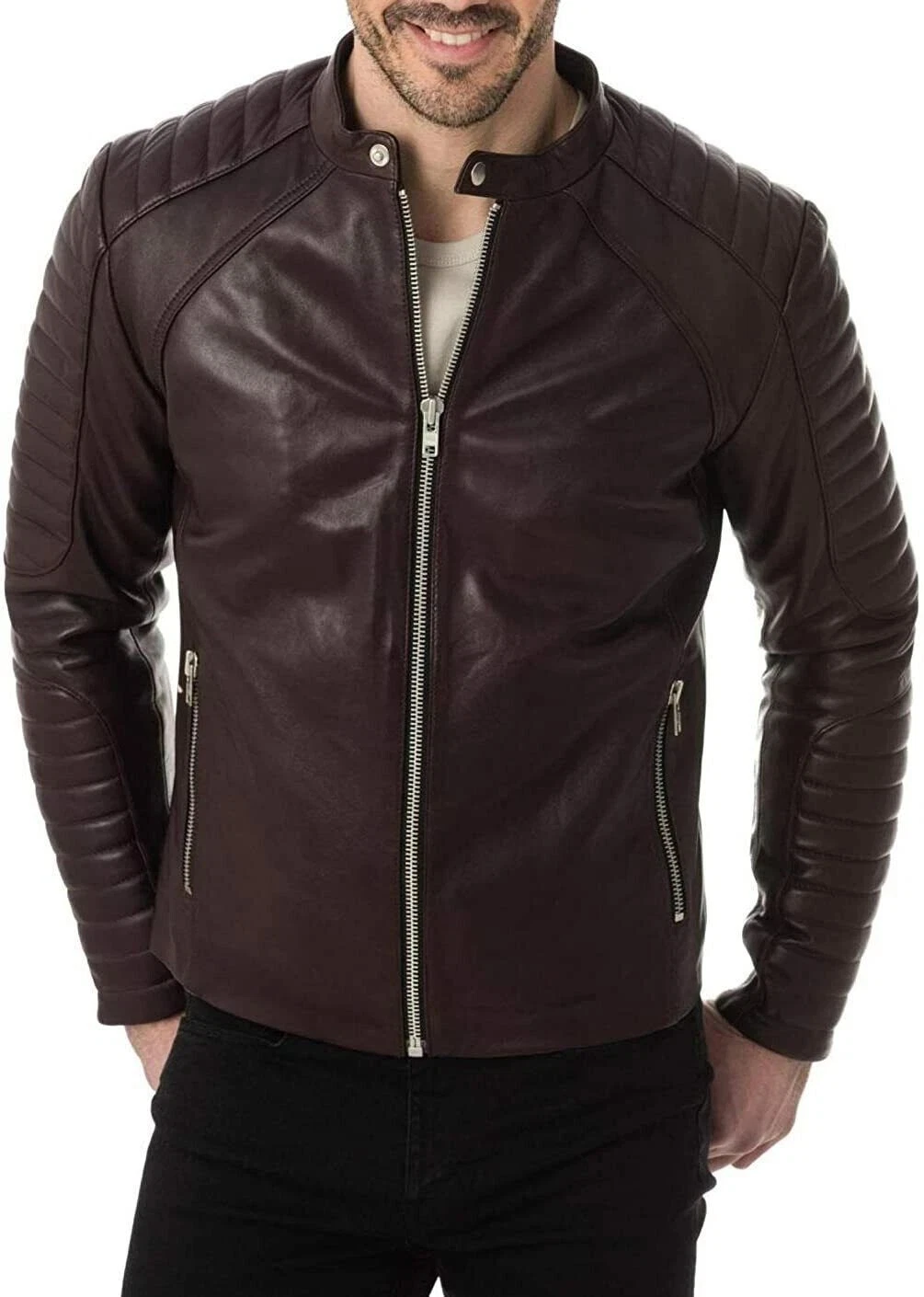 Brown Bomber Leather Jacket Men Pure Lambskin Size S M L XL XXL Custom Made- 343