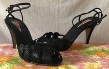 Vtg 9 West Womens Sz 9M 4” Black Leather Heels Ankle Strap Eyelet Peep Toe Gold