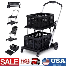 Folding Shopping Cart w/Wheels Collapsible Cart with Storage Crate 2-Layer Black