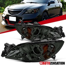 Smoke Fit 2004-2009 Mazda 3 Sedan 4-door Halogen Projector Headlights Lamps Pair