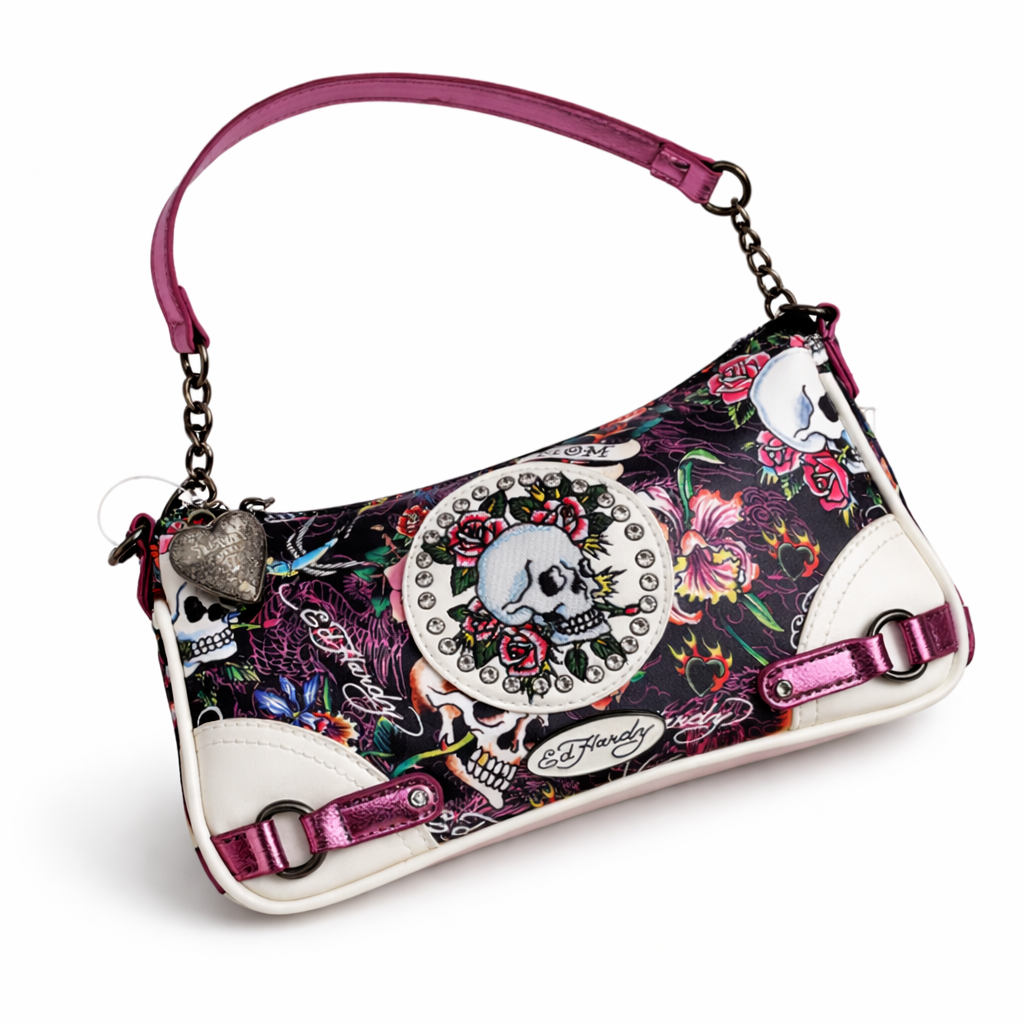 Ed Hardy Skull Rose Rhinestone Shoulder Bag Pink Black Y2K NWT