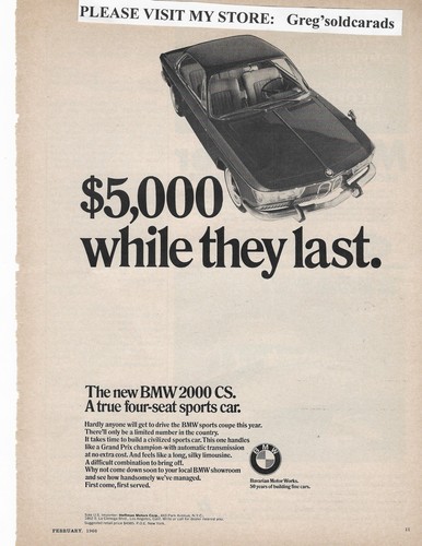 Original 1966 BMW Series 2000 CS vintage print ad: "$5,000 while they last"