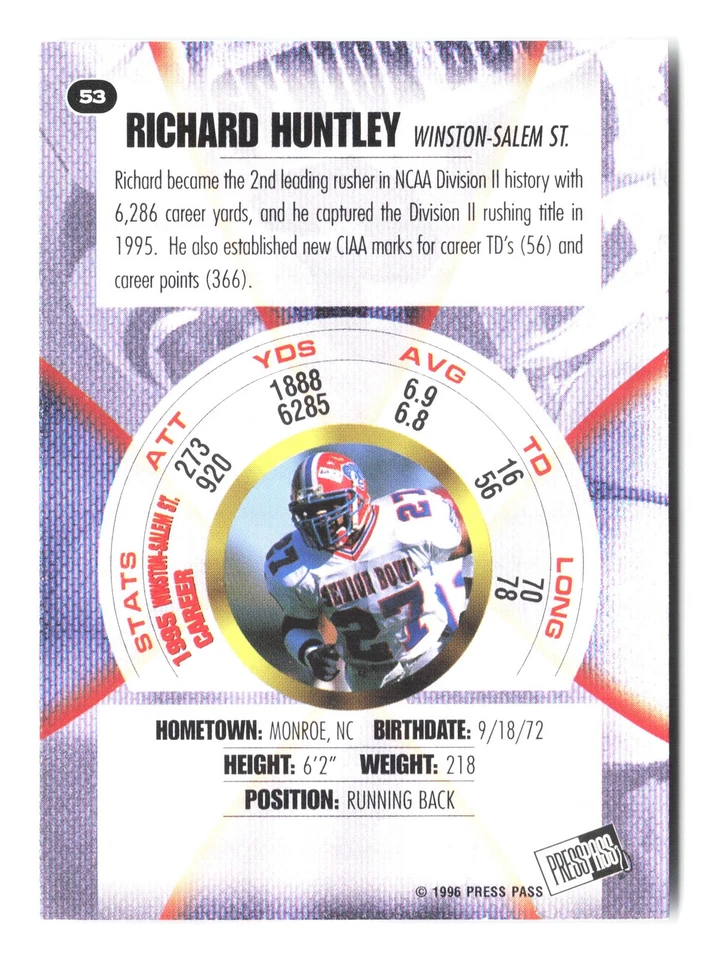 1996 Press Pass #53 Richard Huntley - Image 2 of 2