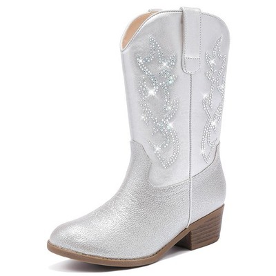 LAURMOSA Girls Silver Glitter Rhinestone Western Cowgirl Boots Size 4