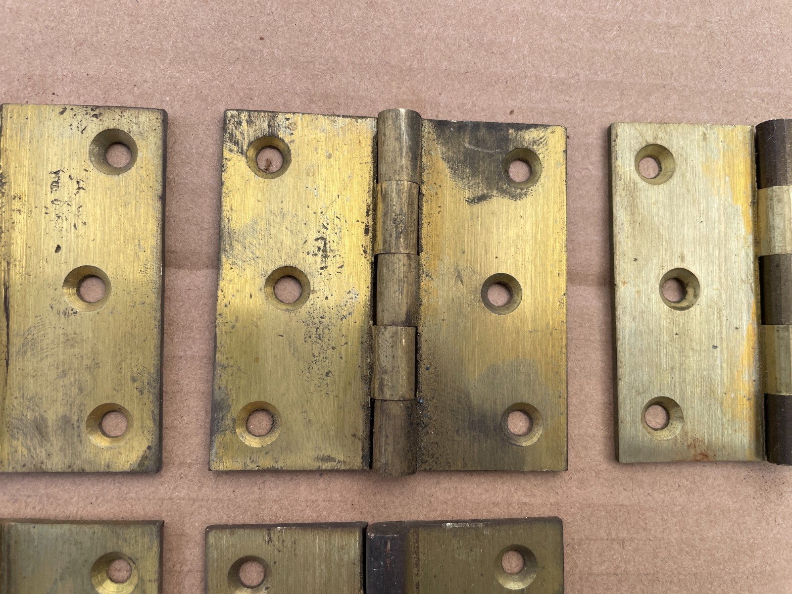 Lot of (5) Vintage Solid Brass 3x3 DOOR HINGES Unused with Storage Patina NOS
