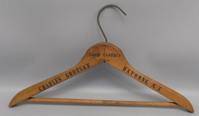 Vintage Charles Grotsky Bayonne N.J. Good Clothes Wooden Hanger Advertising