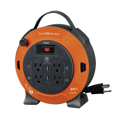 Link2Home Cord Reel 20 ft Extension 4 Power Outlets 2 USB Ports ON OFF Switch 1A