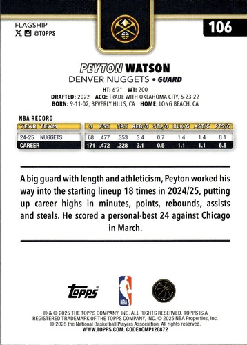 Base de baloncesto de la NBA 2025-26 Topps #106 Peyton Watson Denver Nuggets - Imagen 2 de 2