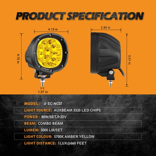 AUXBEAM 4" LED Driving Light Pods Amber Spot Light Bar Offroad Driving Fog Lamp - Picture 6 of 12