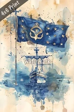 Navy admirals flag and insignia watercolor Art 4x6 Print