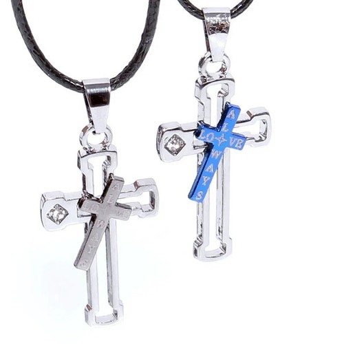 A Couple Titanium Steel Valentine's Day Pendant Cross Amulet Leather Necklace - Picture 7 of 24