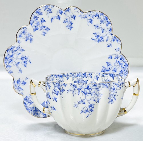 WILEMAN Antique England Foley China Blue Flower Leaves Porcelain Cup & Saucer - Picture 7 of 9