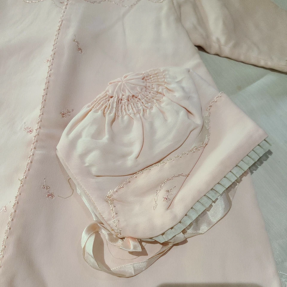 ВИНТАЖНЫЙ ♡ 1940-х ♡ ребенка розовый крещение пальто куртка с шляпой ♡ 19» длиной - Изображение 3 из 4