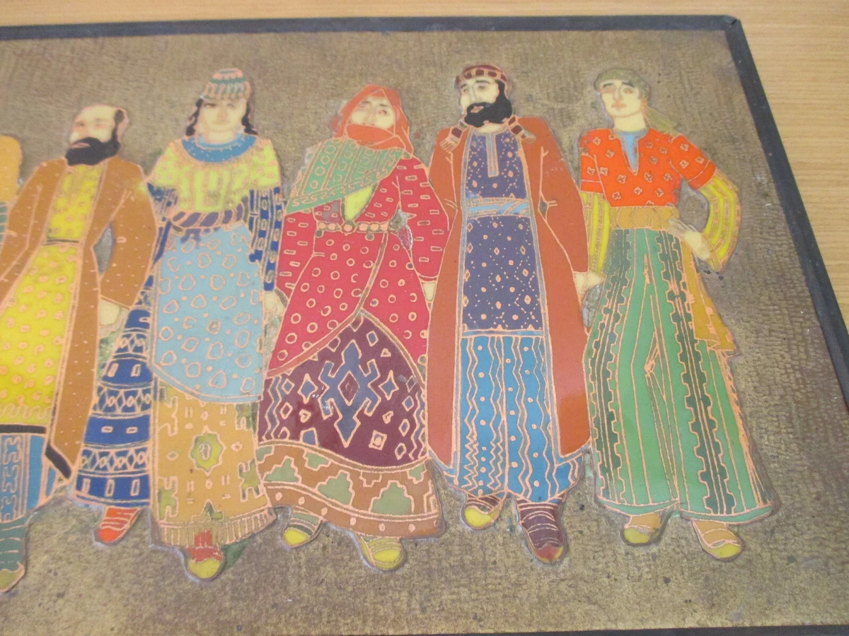 Altes Wandbild Bild Russische Emaille auf Kupfer Feierszene mit russ. Trachten