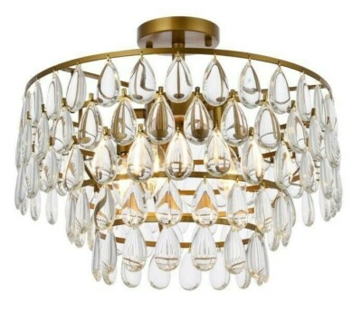 Crystal Flush Mount Chandelier Brass Color Kitchen Dining Room Ceiling Lighting