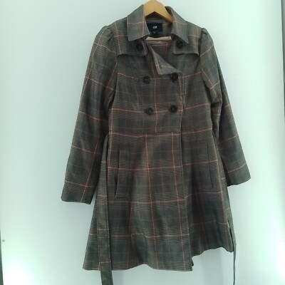 H&M Damen Mantel Größe 10 Schwarz Rosa Kariert Kariert Gürtel Zweireiher