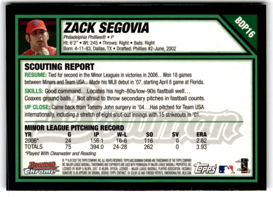 2007 Bowman Draft Picks & Prospects Chrome Zack Segovia Rookie Philadelphia - Image 2 of 2