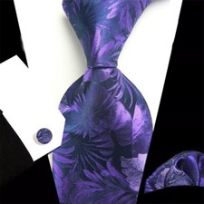 New Mens Silk Tie Set Paisley Purple Necktie Pocket Square Cufflinks Set