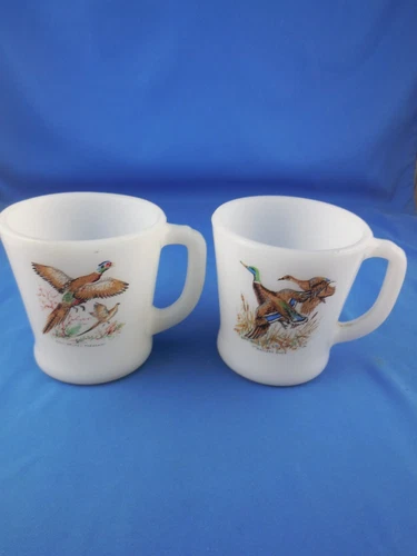 Pair Vintage Fire-King Oven Ware Game Bird Mugs D-Handle