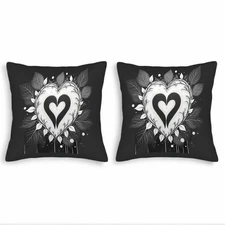 Elegant Monochrome Throw Pillow Covers 18x18in Set of 2 - Intricate Heart & Leaf