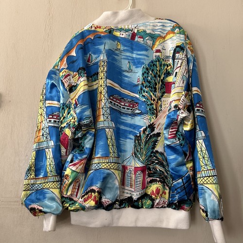 Vintage 90s Women’s Paris Theme Nylon Resort Sailing Jacket Medium Blue White - Picture 12 of 22
