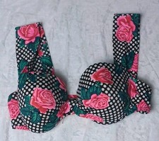 Vintage Swim Shaper Bikini Top Womens Size 12 Black Pokadots Pink Roses Union...