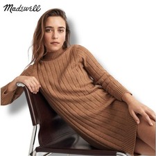 Madewell Women’s Wool Blend Ribbed Knit Mini Sweater Dress Long Sleeve Tan | M