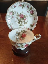 Vintage Lefton China Rose Bud Cup & Saucer Pedestal Cup Fancy Handle 