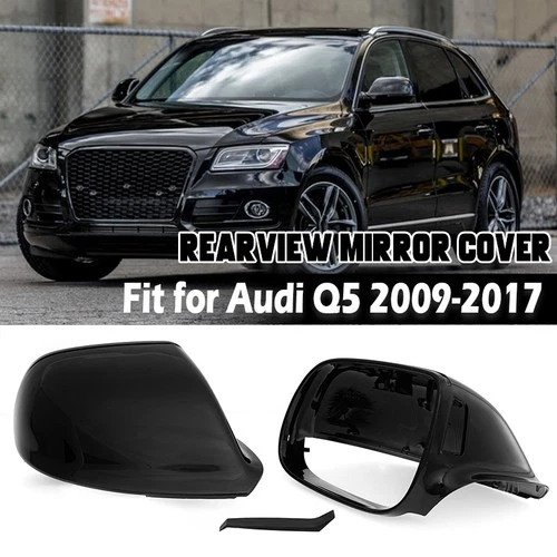 Pair For Audi Q5 SQ5 Q7 Gloss Black Mirror Cover Cap 2009-2017 With Side Assist