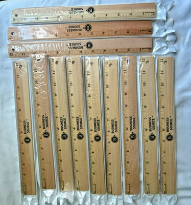 Lot of 12 Business Source 12'' Wooden Rulers - NEW - With Metal Guide - Open Box