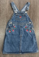 OshKosh B gosh Girls 4T Denim Jumper Dress Floral Embroidered Flowers USA