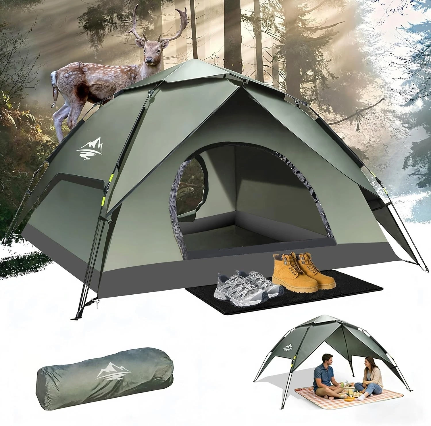 2-4 Man Pop Up Camping Tent, Automatic Instant Easy Setup Tent, Double-Layer 350