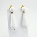 Vintage Crown Trifari White Milk Glass Teardrop Dangle Clip On Earrings 1960s