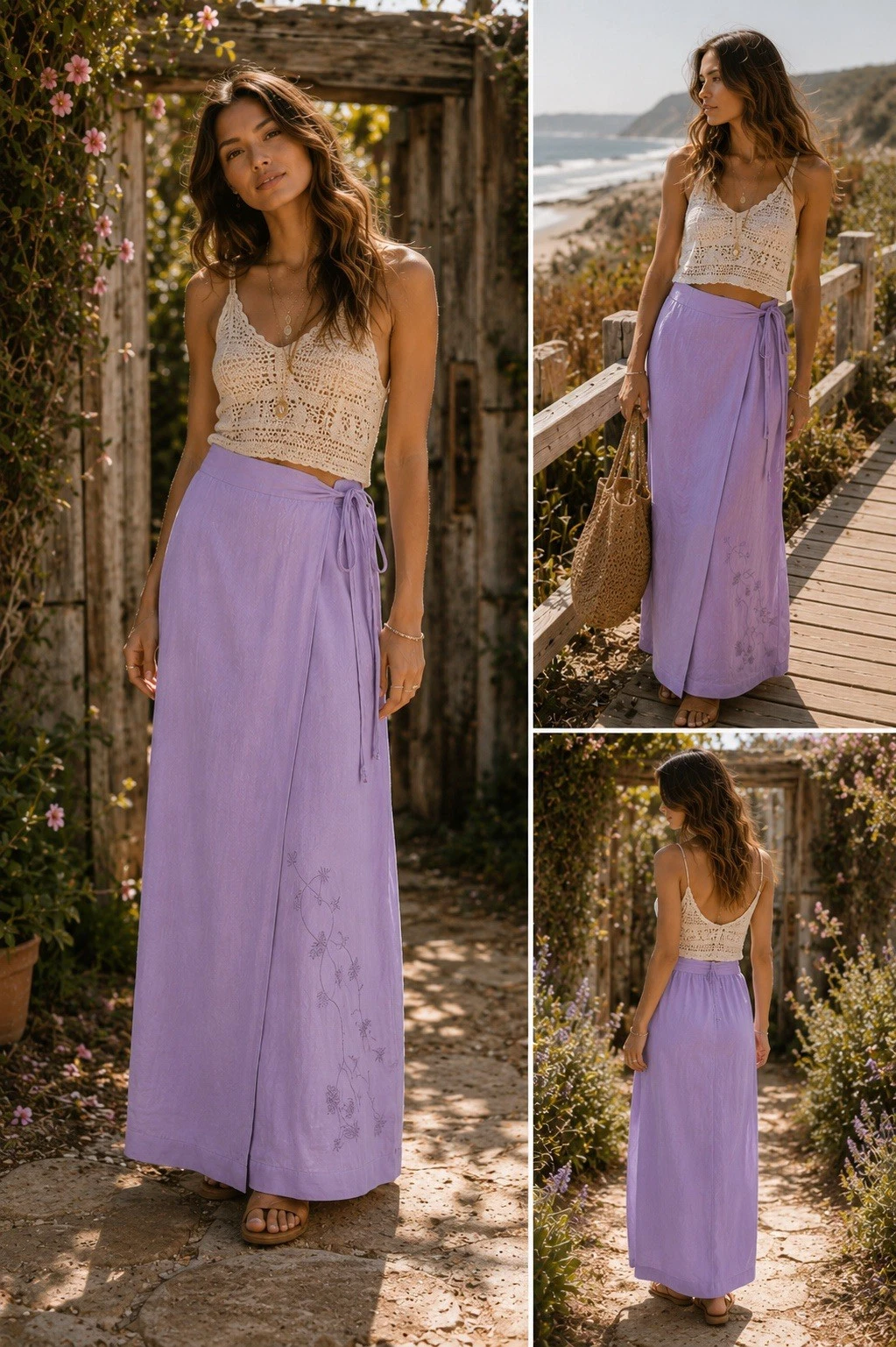 Lavender Linen Blend Maxi Skirt Boho Wrap Style Coastal Cottagecore Skirt
