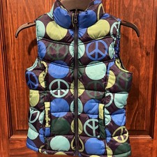 Old Navy Puffer Vest Large Kids Peace Blue Green Excellent Full Zip Fleece Lined