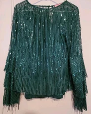 Eva Franco Green Sequin Fringe Top Bell Sleeve Lined Women’s S Glitter Party