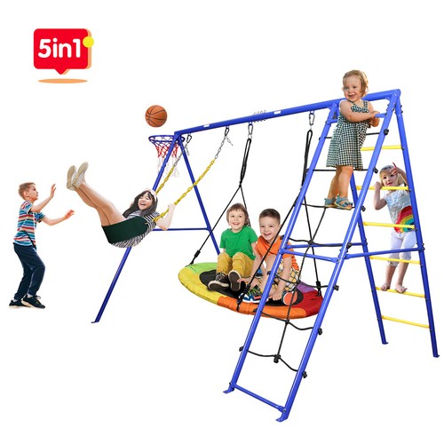 Heavy Duty Metal A-frame Swing Set with Saucer Swing Seat, Belt Swing for Family